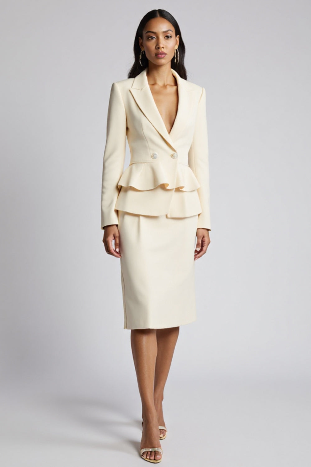 Ivory Bodycon Peaked Lapel 2 Pieces Ruffled Work Dress