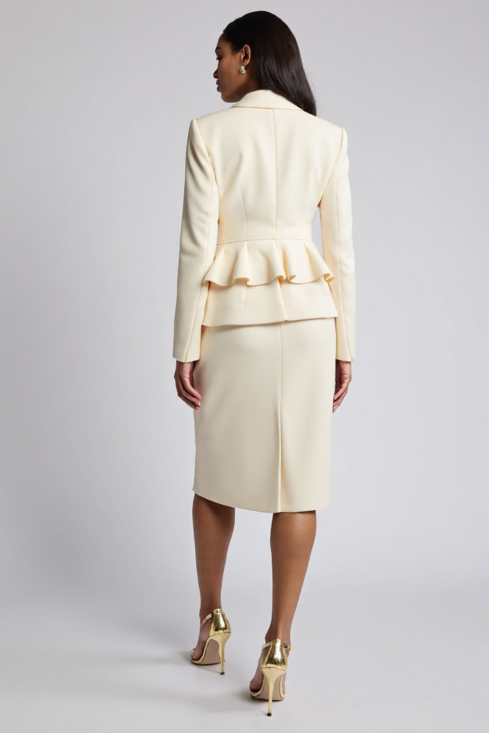 Ivory Bodycon Peaked Lapel 2 Pieces Ruffled Work Dress