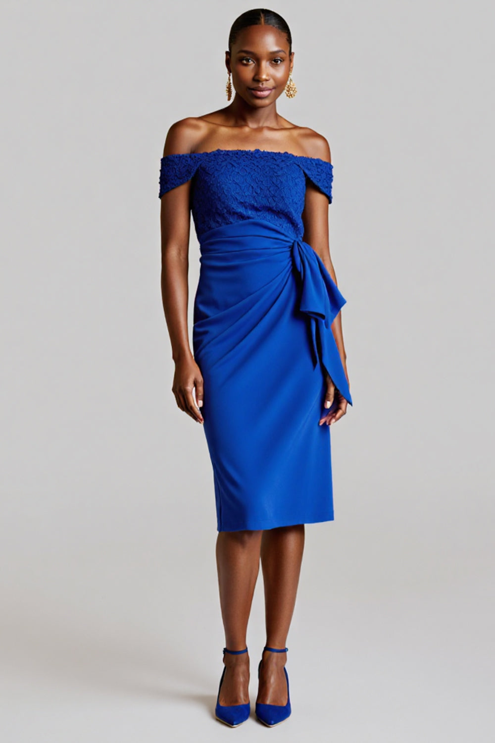 Royal Blue Off The Shoulder Bodycon Knee Length Work Dress With Appliques