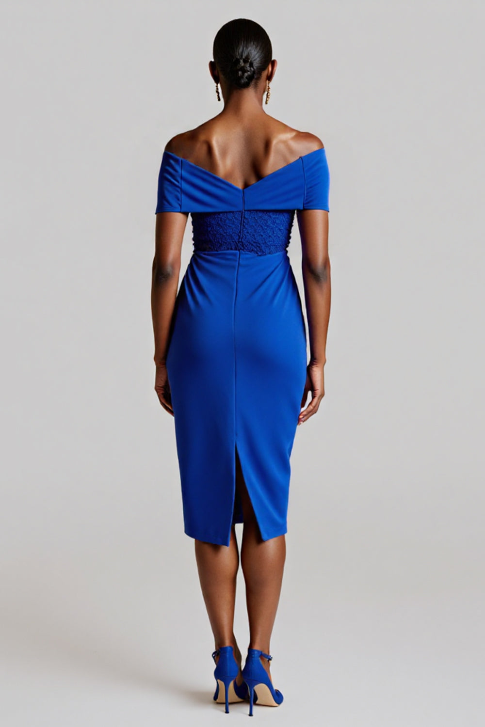 Royal Blue Off The Shoulder Bodycon Knee Length Work Dress With Appliques