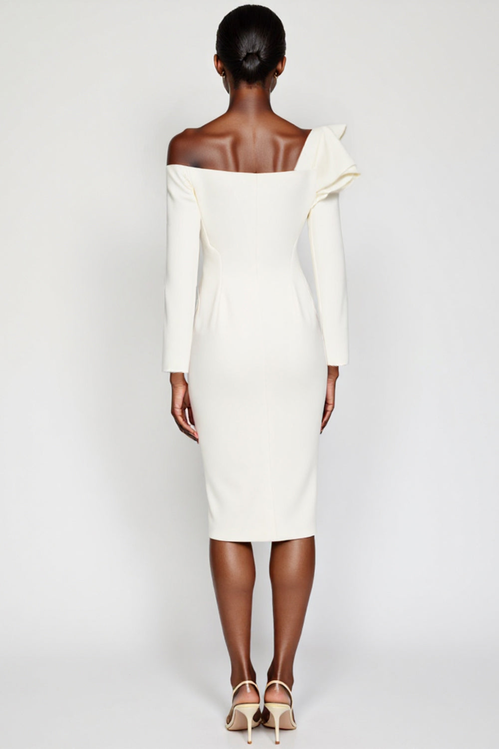 White One Shoulder Bodycon Ruched Work Dress with Long Sleeves