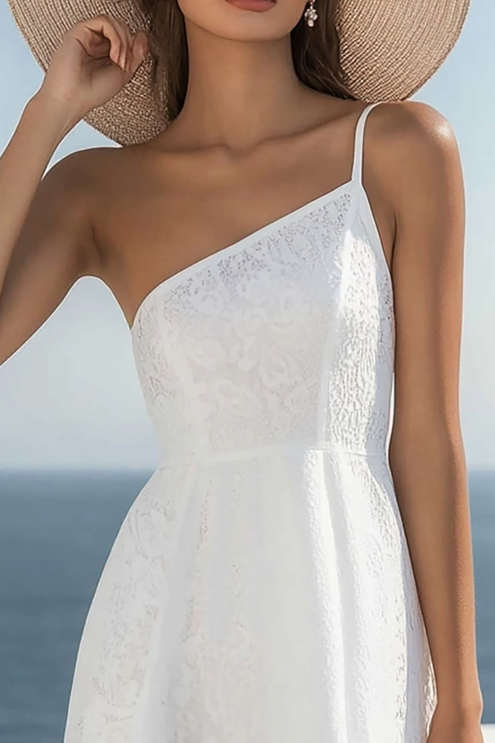 One Shoulder White A Line Lace Graduation Dress