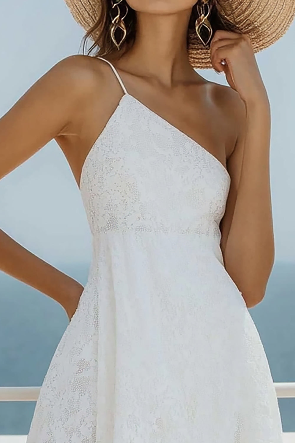 A Line One Shoulder Lace White Graduation Dress