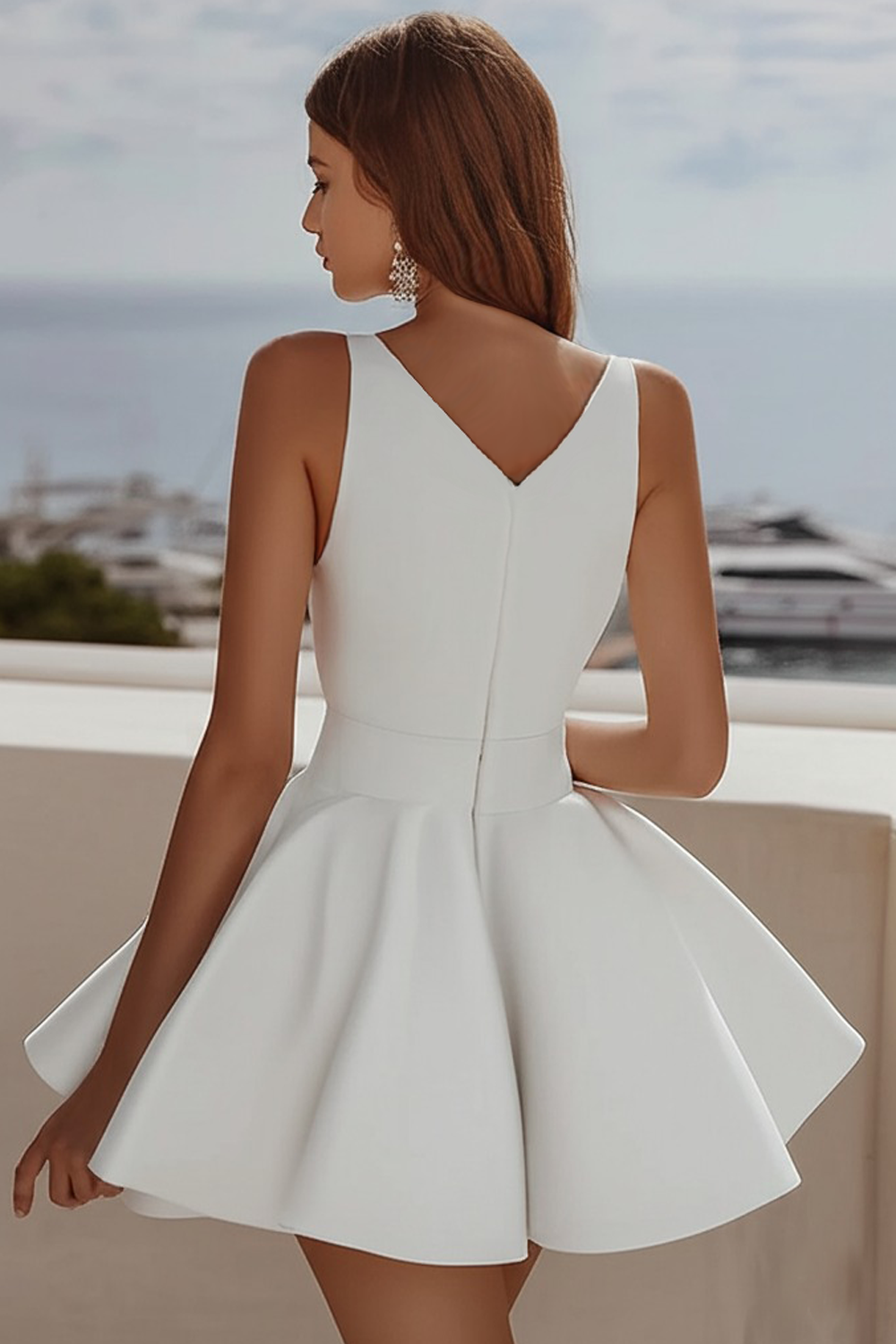 A Line White V Neck Sleeveless Graduation Dress