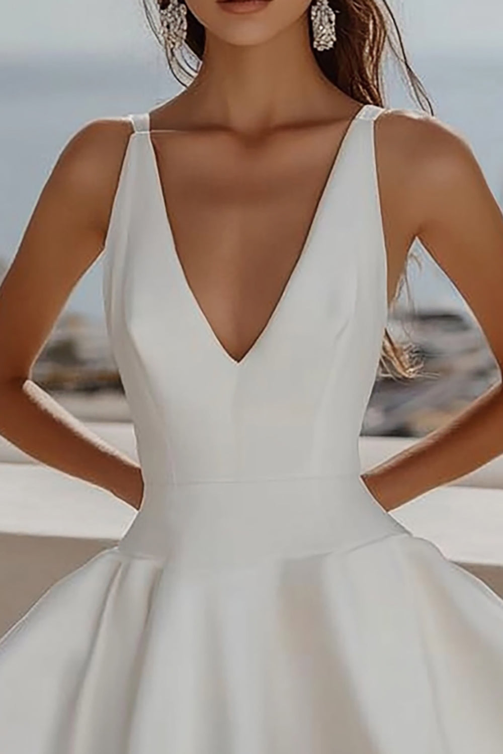 A Line White V Neck Sleeveless Graduation Dress
