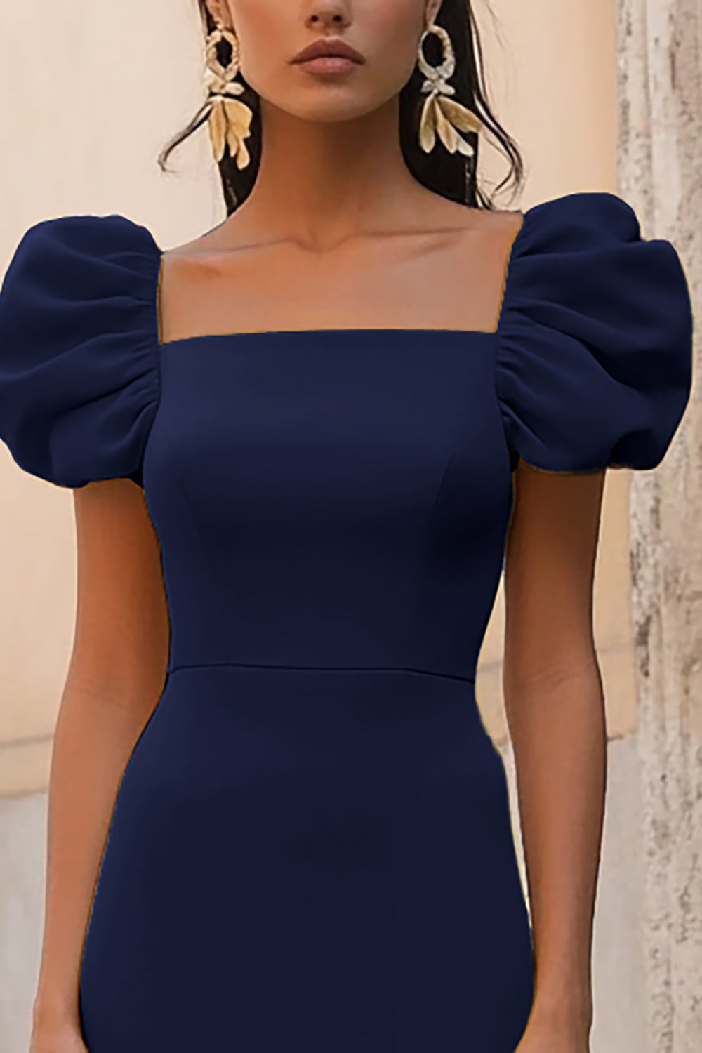 Yellow Satin Ruffled Square Neck Long Formal Dress