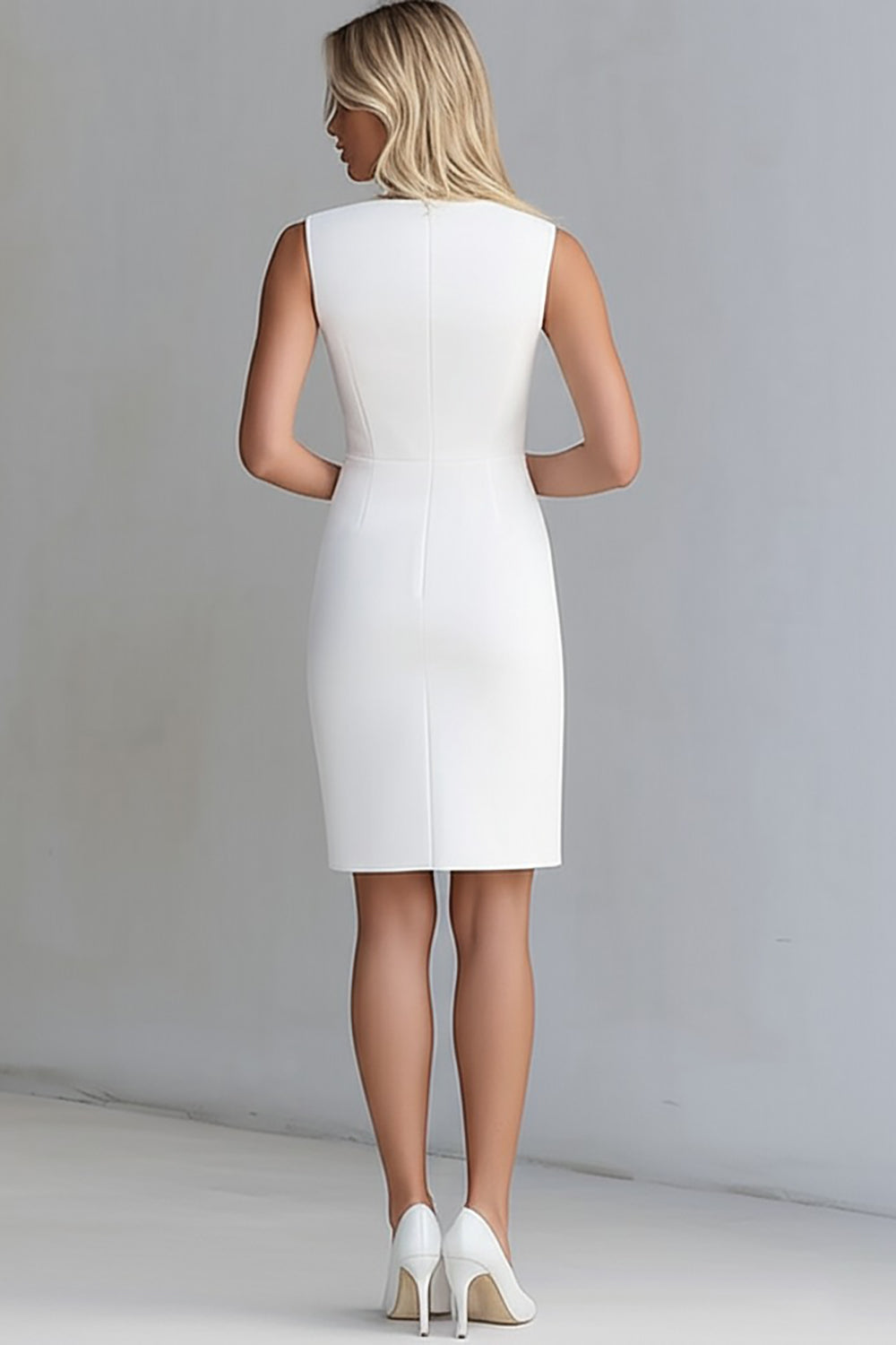 Ivory Bodycon Satin V-Neck Short Work Dress