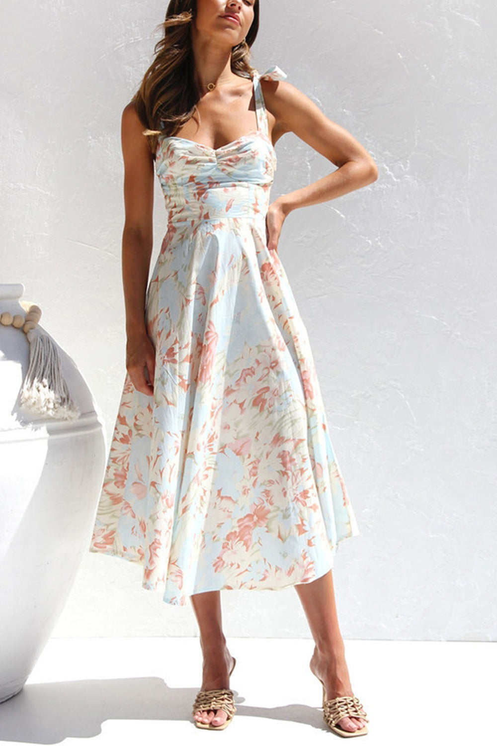Yellow Blue Flower A Line Long Summer Dress