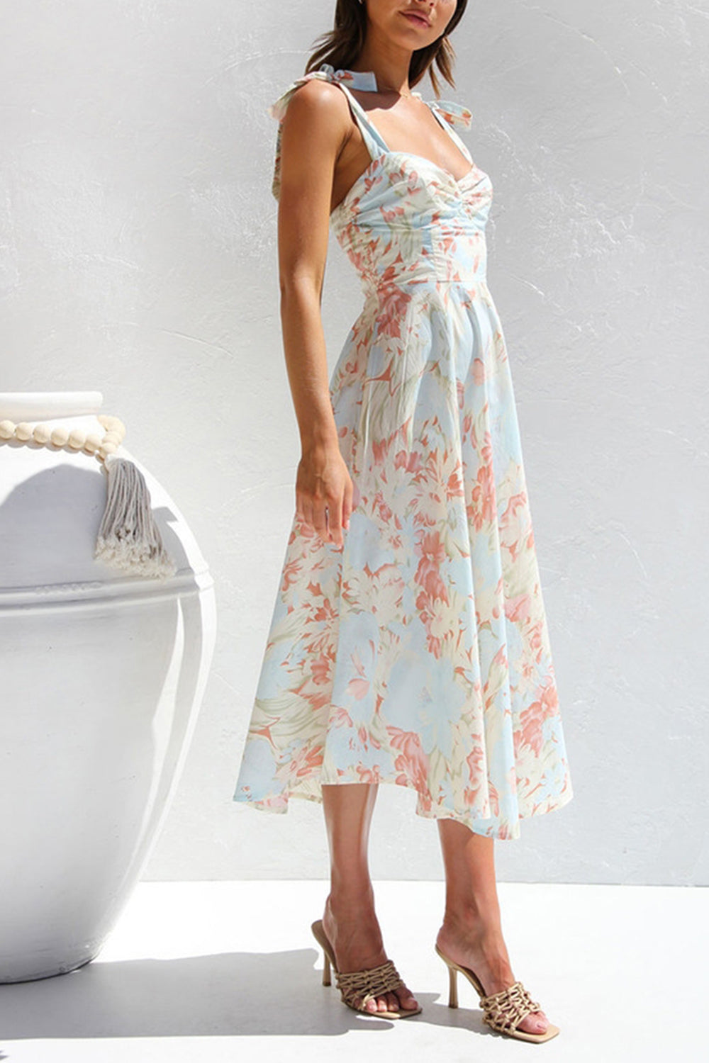 Yellow Blue Flower A Line Long Summer Dress