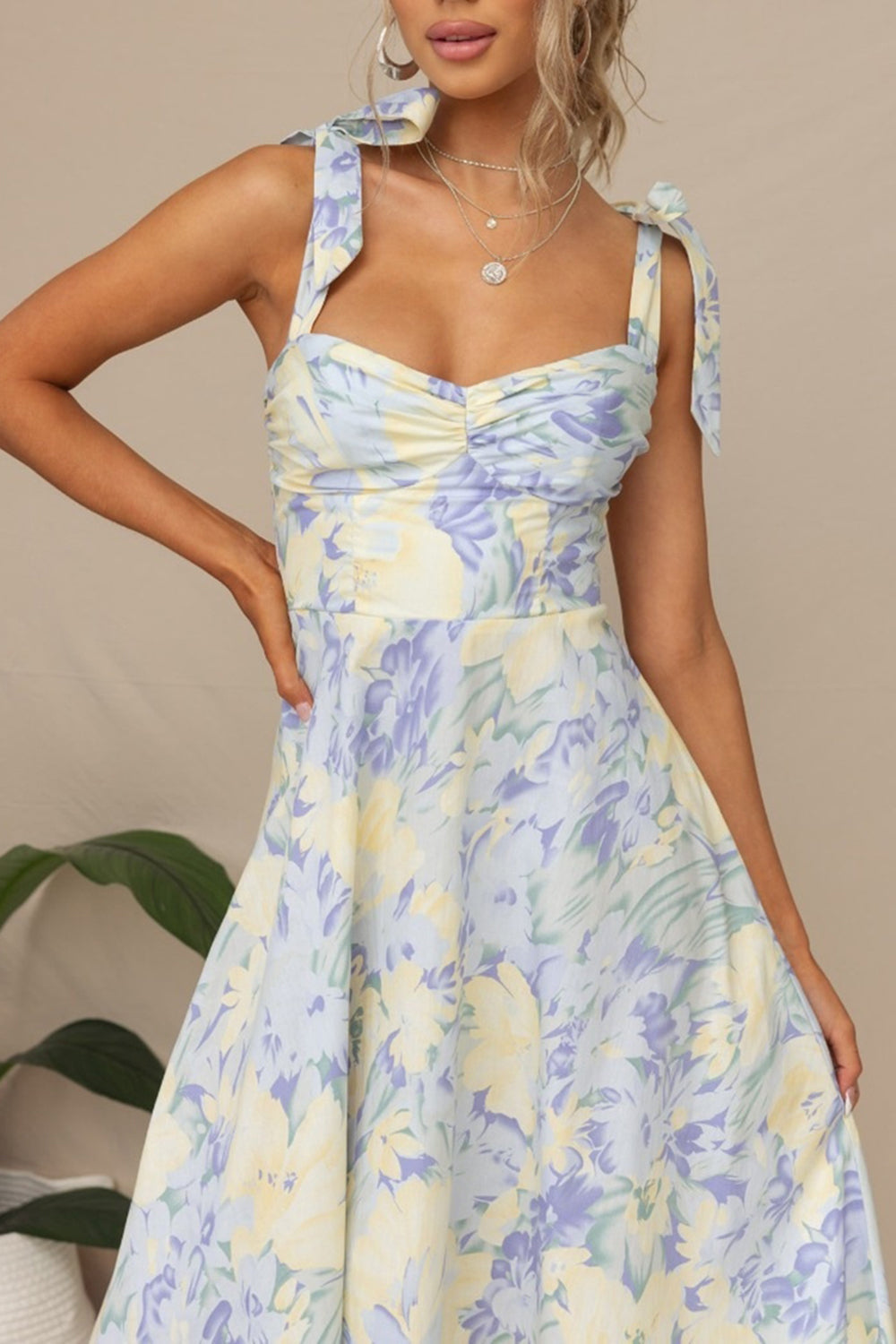 Yellow Blue Flower A Line Long Summer Dress