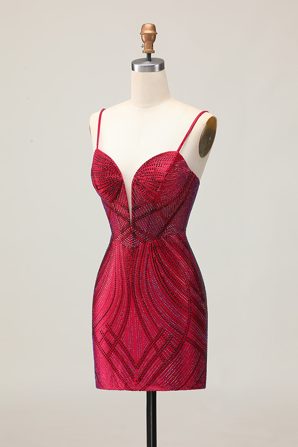Sparkly Burgundy Bodycon Spaghetti Straps Short Homecoming Dress with Beading
