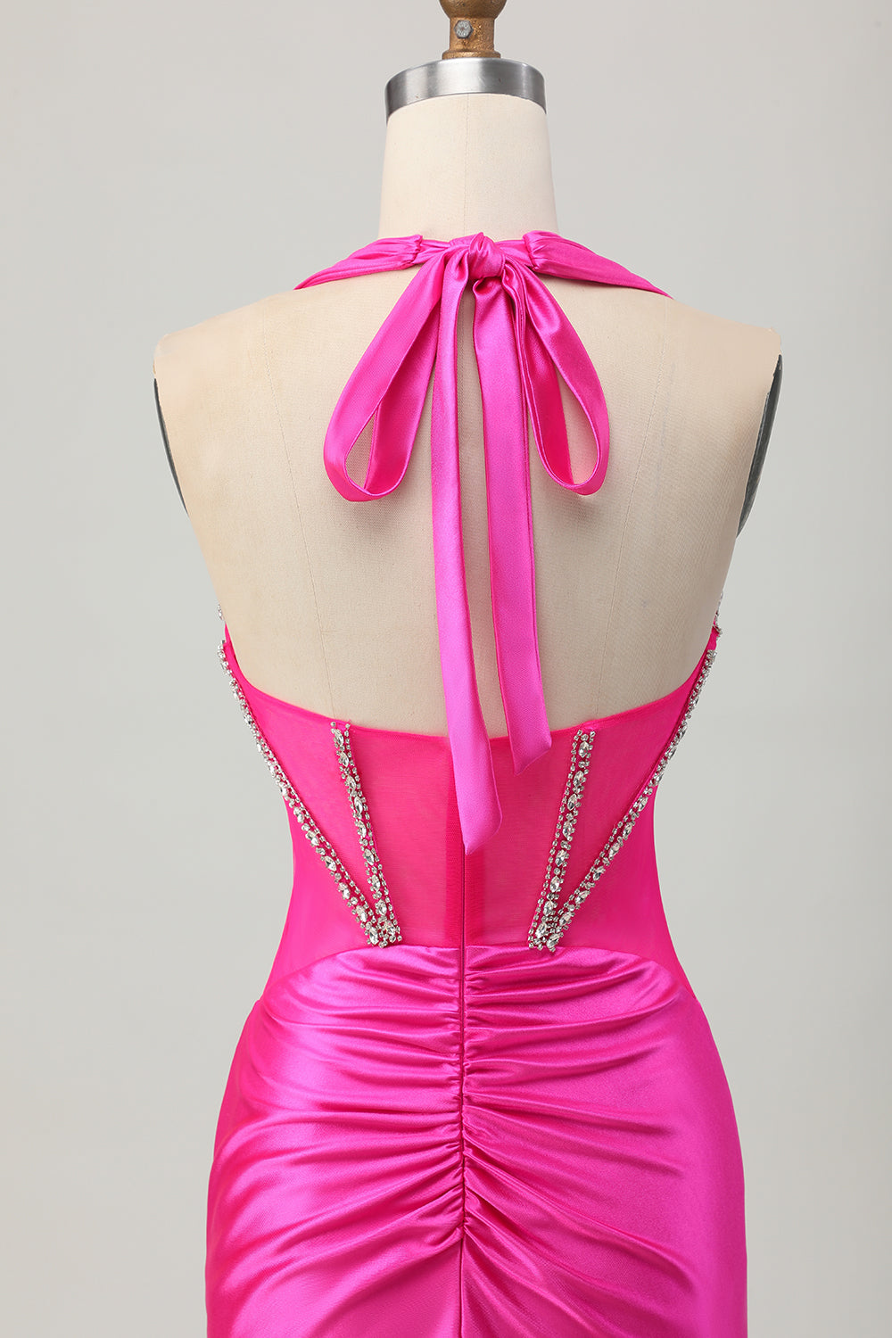 Fuchsia Bodycon Halter Backless Satin Homecoming Dress with Rhinestones