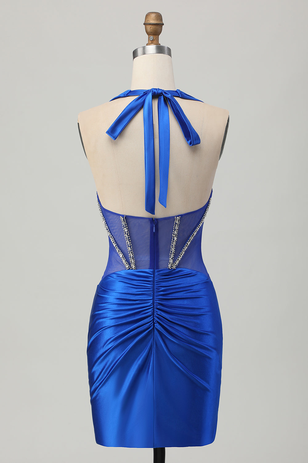 Fuchsia Bodycon Halter Backless Satin Homecoming Dress with Rhinestones