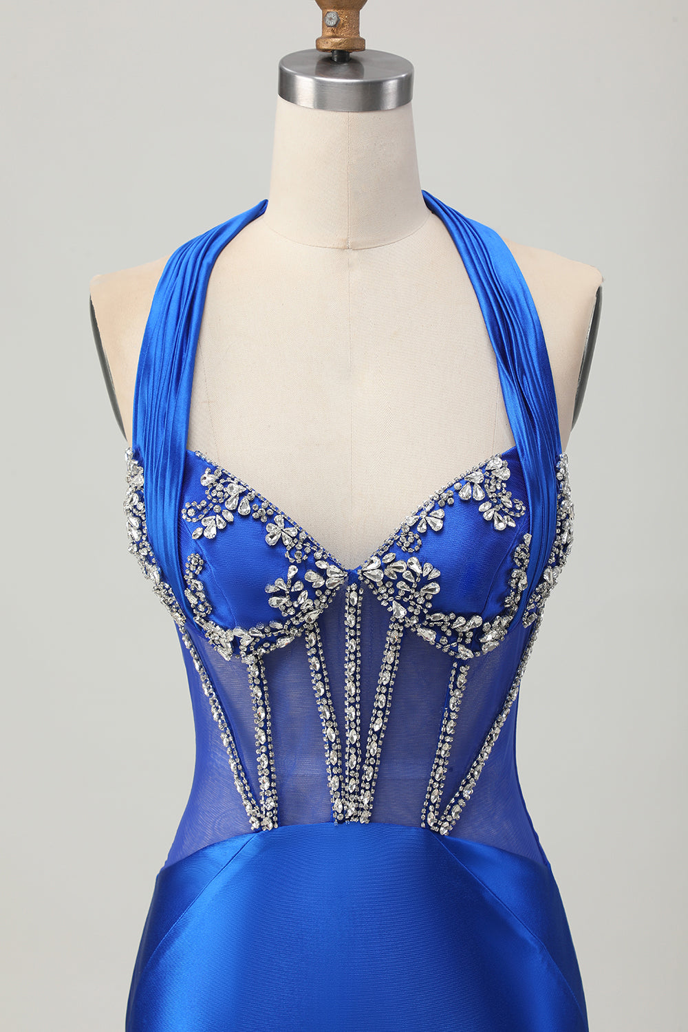 Royal Blue Bodycon Halter Backless Satin Homecoming Dress with Rhinestones