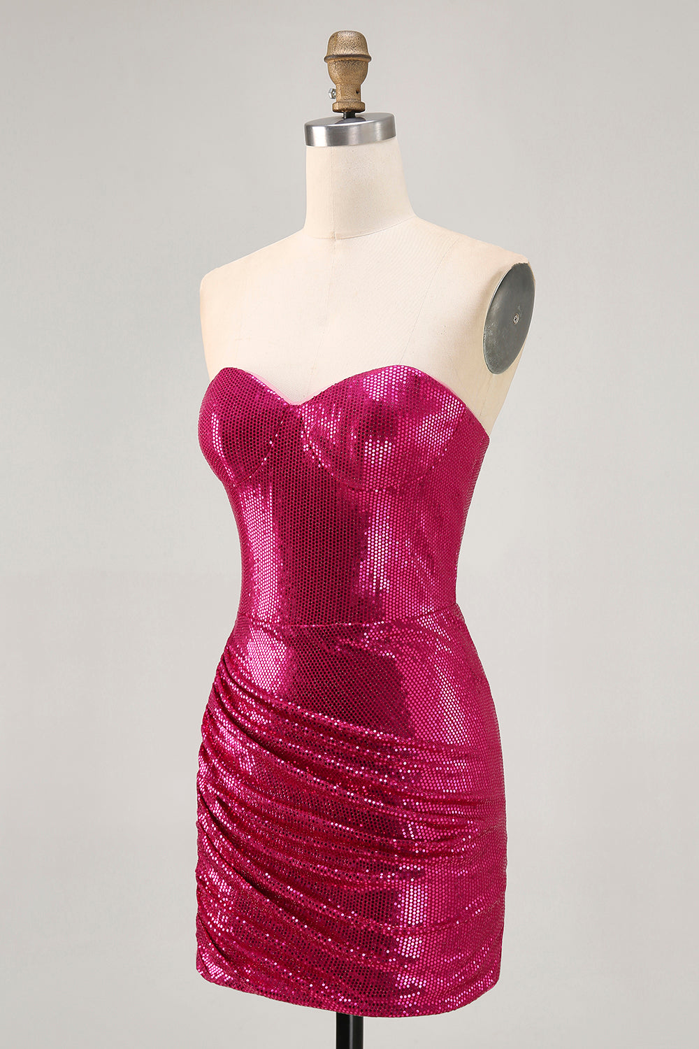 Sparkly Strapless Ruched Bodycon Fuchsia Homecoming Dress with Sequins