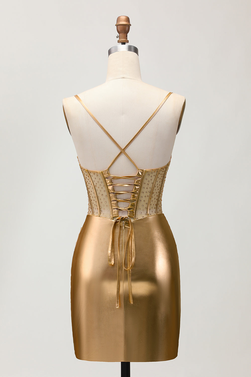 Metallic Satin Ruched Golden Bodycon Corset Homecoming Dress with Beading