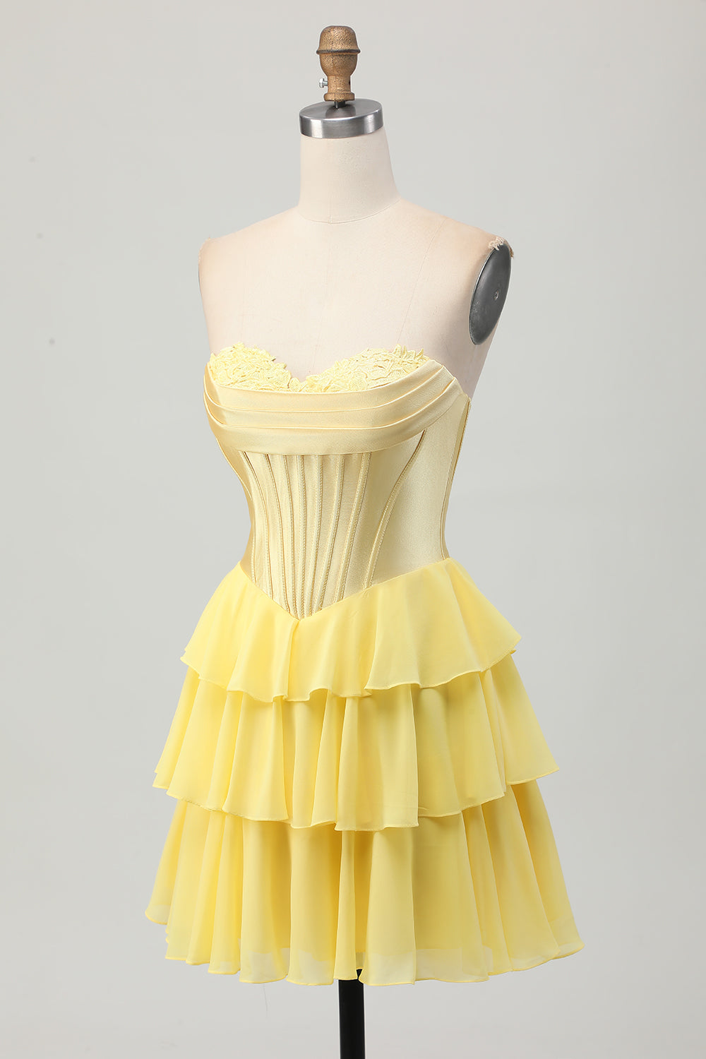 Yellow Strapless Corset A Line Tiered Homecoming Dress