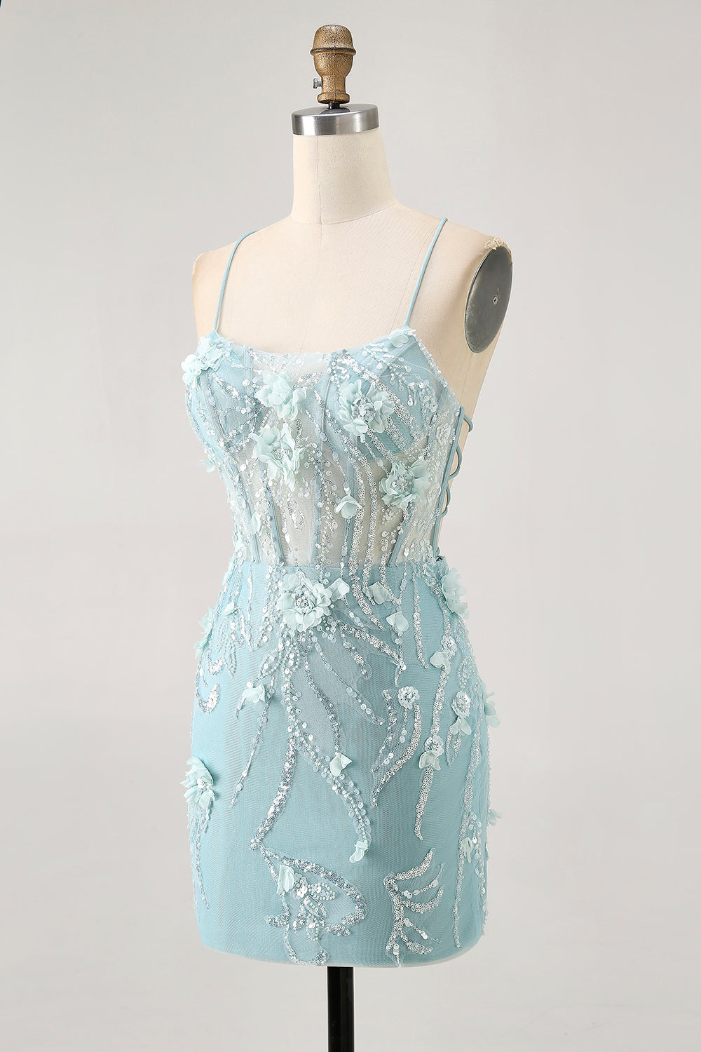 Blue Bodycon Corset Sequins Short Homecoming Dress with 3D Flowers