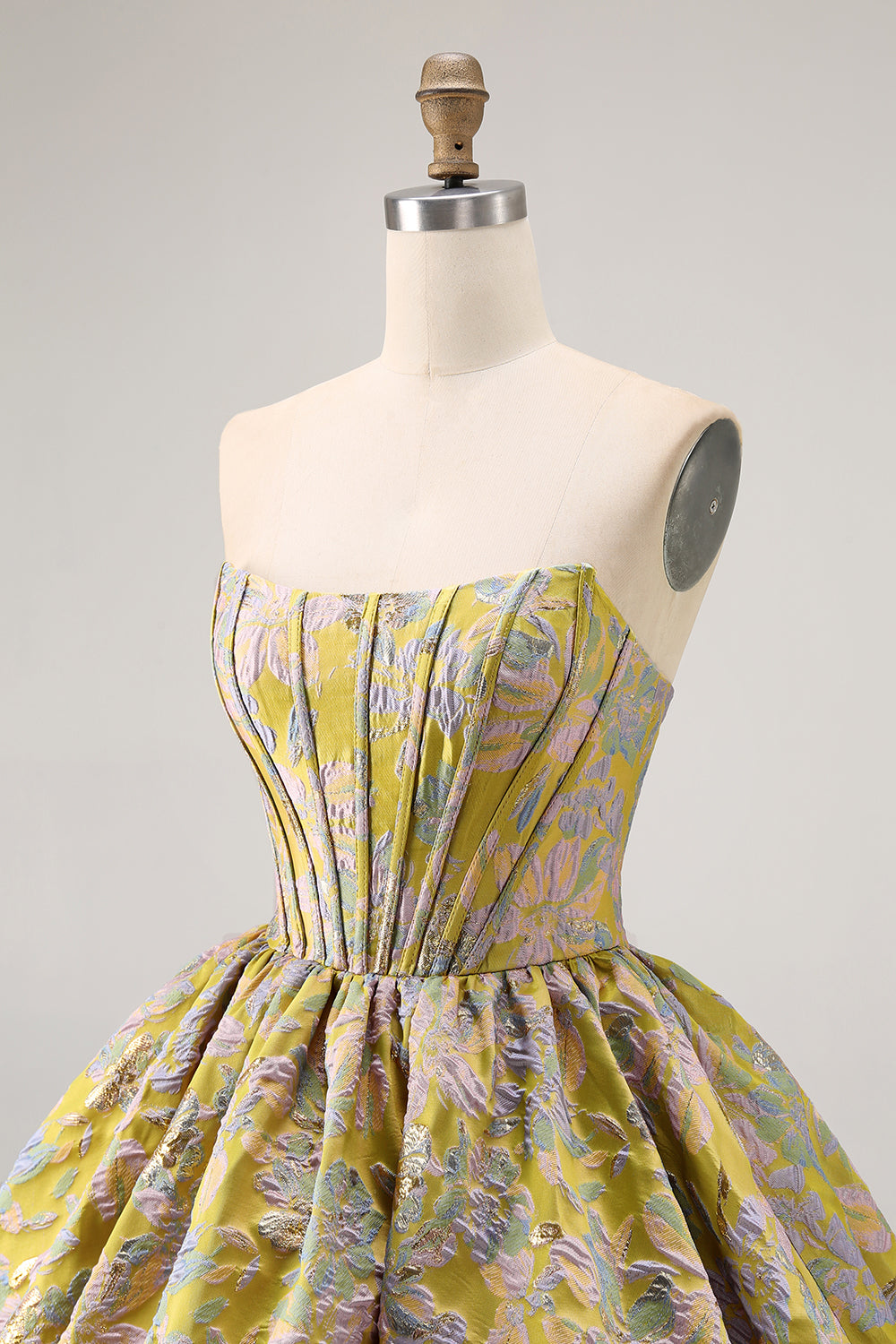 Yellow Strapless Floral Brocade A Line Short Homecoming Dress