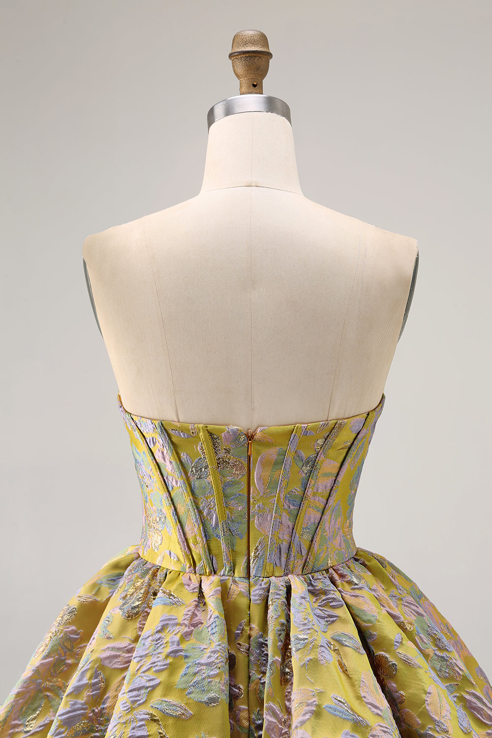 Yellow Strapless Floral Brocade A Line Short Homecoming Dress