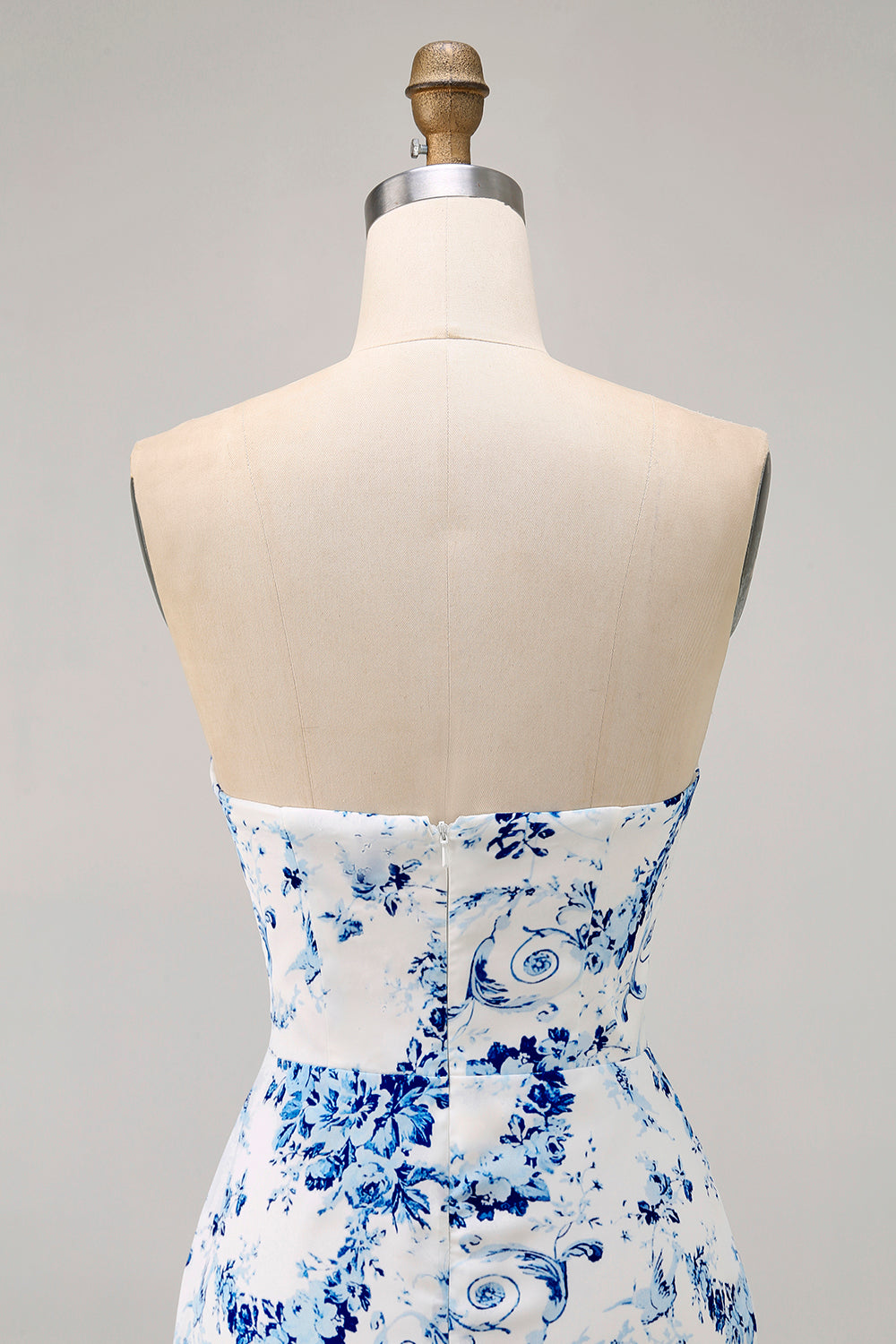 White Blue Flower Bodycon Strapless Printed Short Homecoming Dress