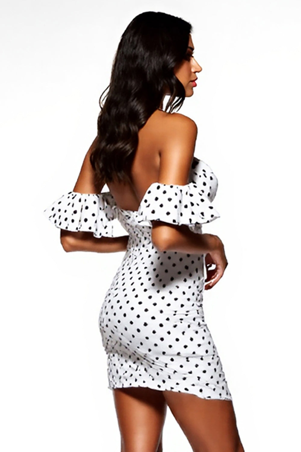 Off the Shoulder White Black Polka Dot Bodycon Cocktail Dress