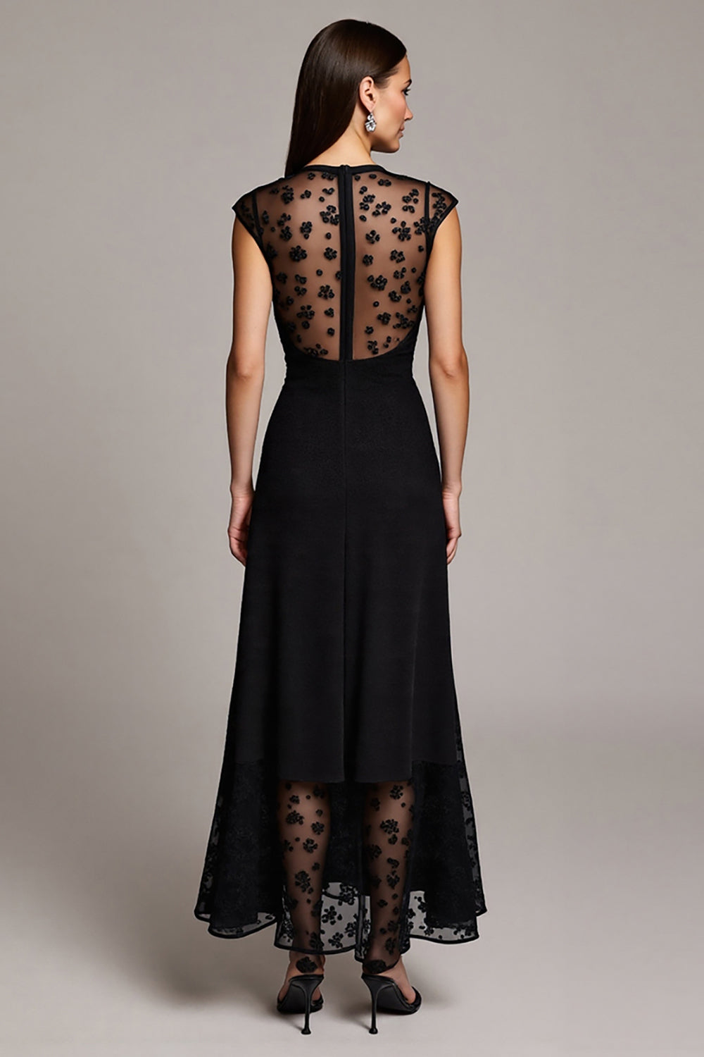 A Line Black Long Lace Work Dress