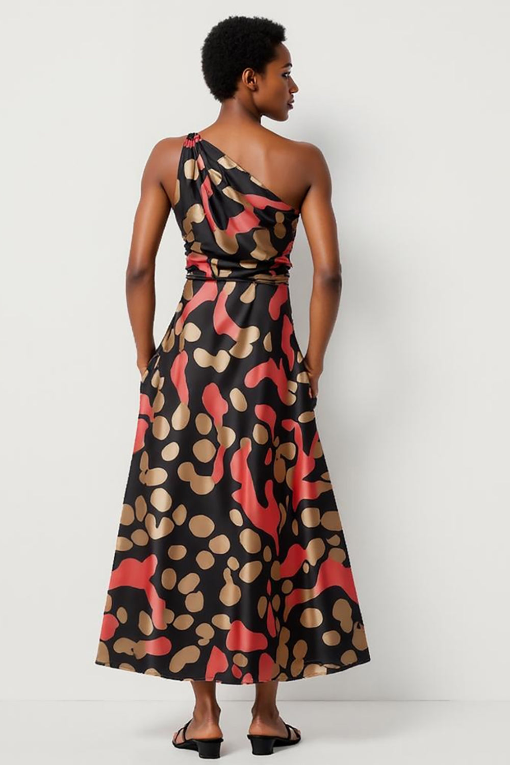 A Line Black Printed One Shoulder Long Work Dress with Pockets