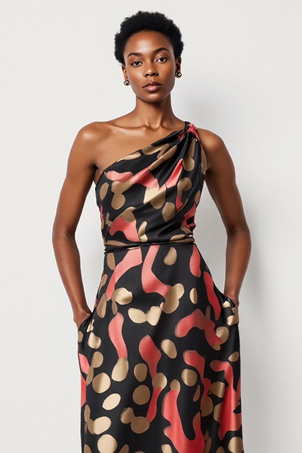 A Line Black Printed One Shoulder Long Work Dress with Pockets