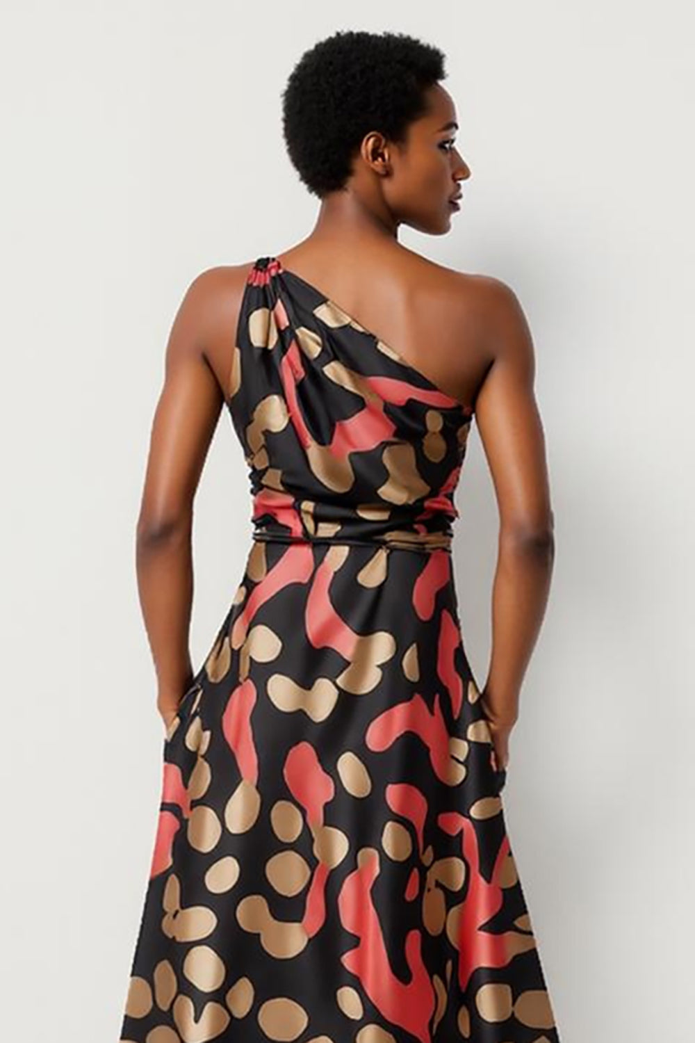 A Line Black Printed One Shoulder Long Work Dress with Pockets