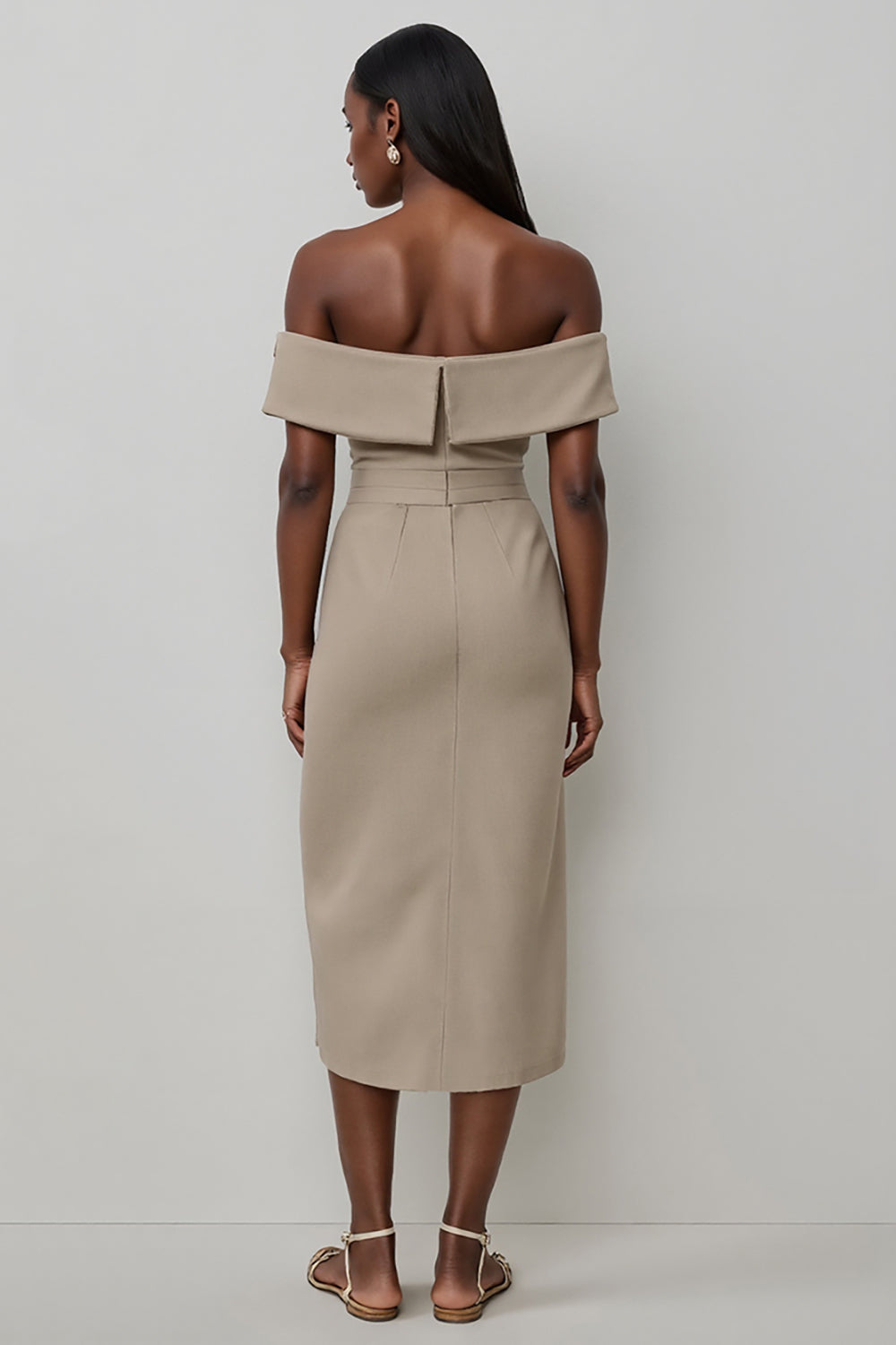 Khaki Satin Off the Shoulder Bodycon Midi Work Dress with Buttons