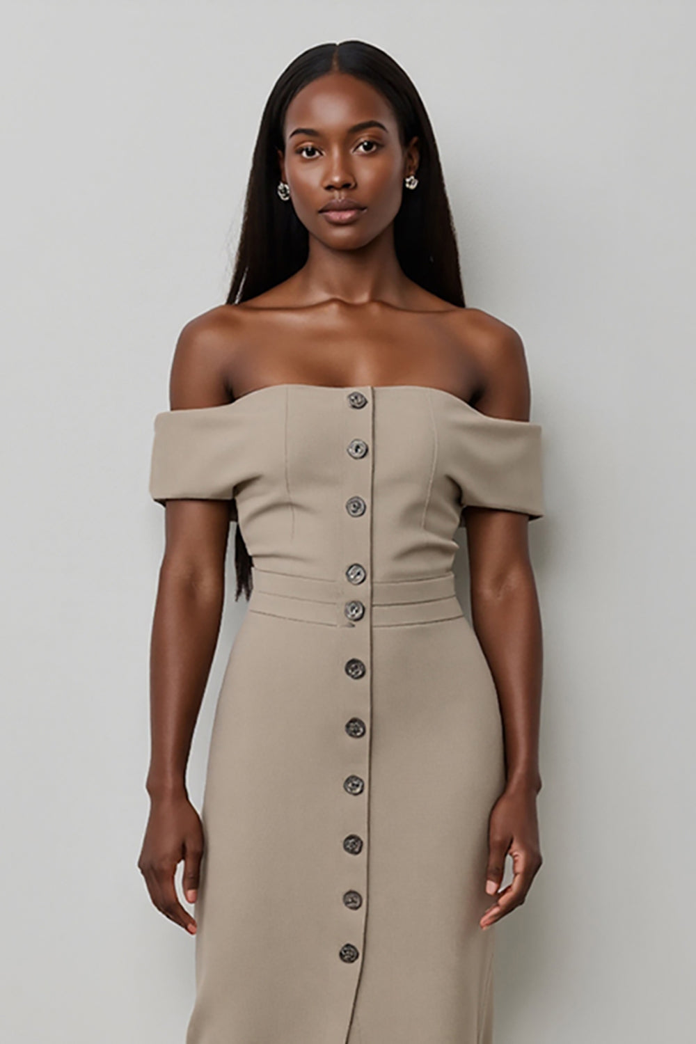 Khaki Satin Off the Shoulder Bodycon Midi Work Dress with Buttons