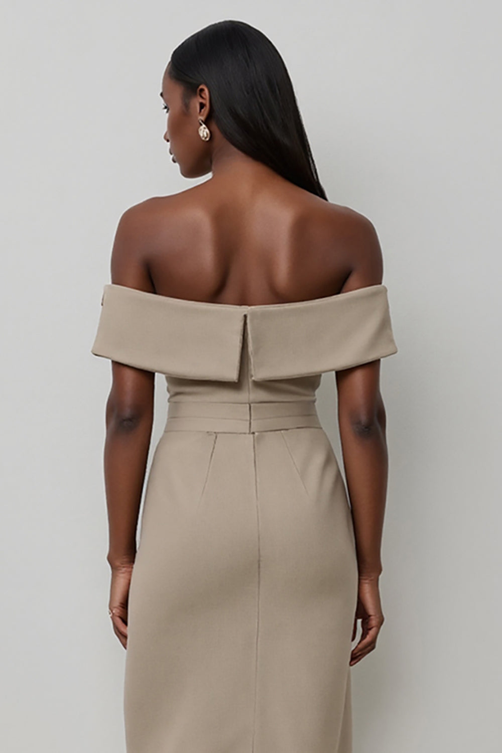 Khaki Satin Off the Shoulder Bodycon Midi Work Dress with Buttons