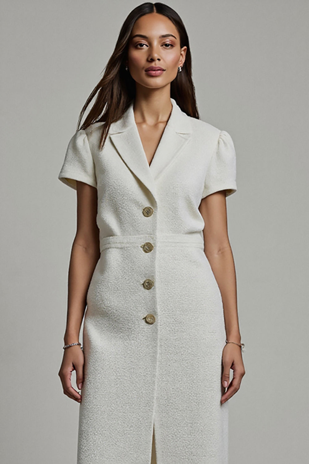 White Notched Lapel Bodycon Midi Blazer Dress with Sleeves