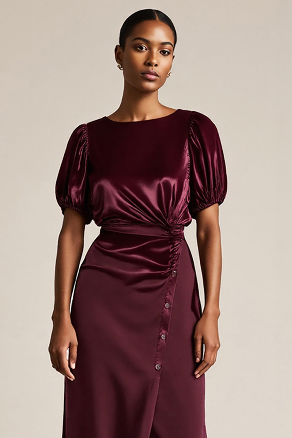 Burgundy Bodycon Ruched Tea Length Work Dress with Sleeves