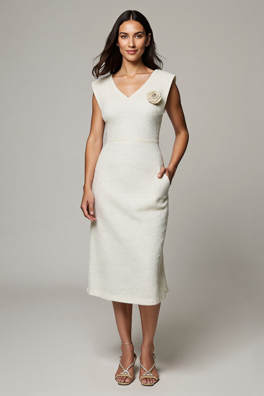 White Bodycon V-Neck Work Dress with 3D Flower