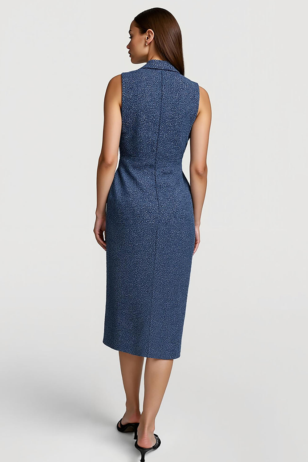 Grey Blue Bodycon Notched Lapel Midi Work Dress with Slit