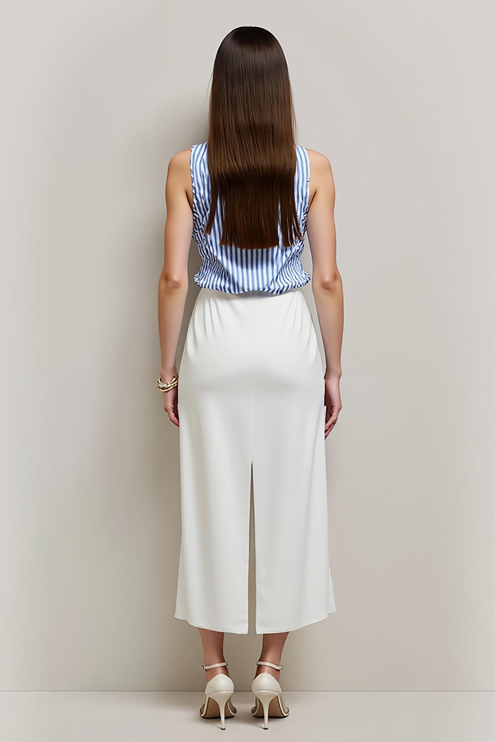 White Blue Bodycon Striped Tea Length Work Dress with Slit