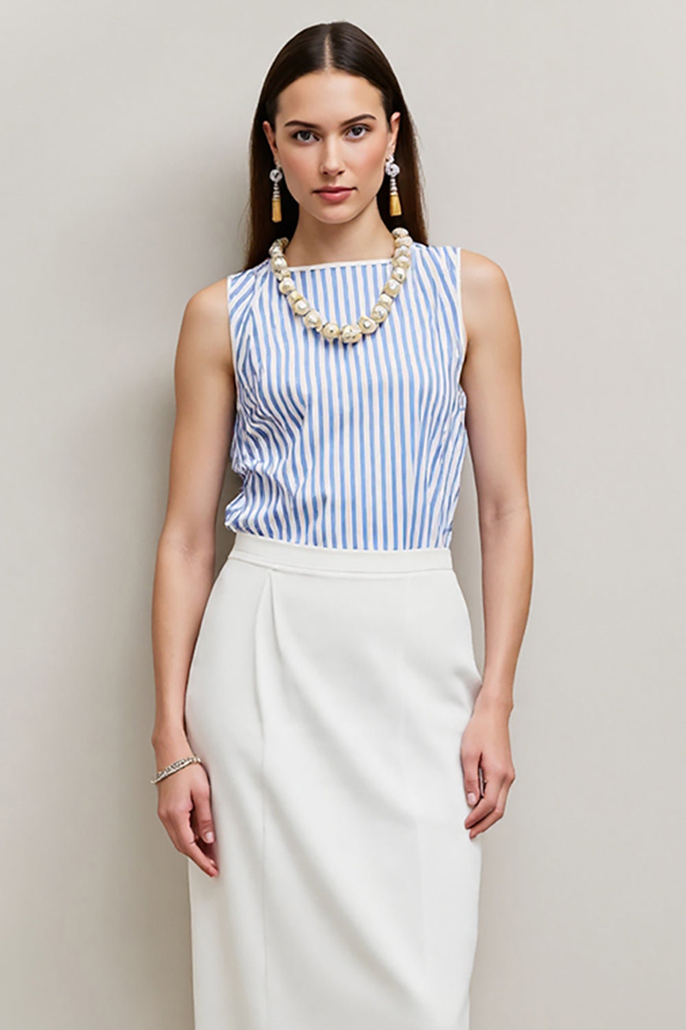White Blue Bodycon Striped Tea Length Work Dress with Slit