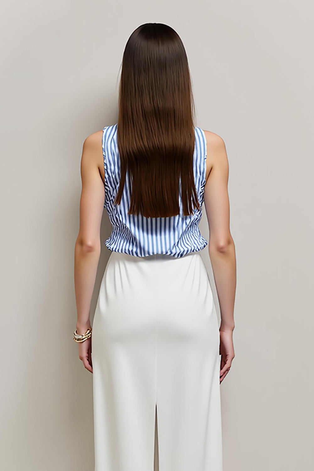 White Blue Bodycon Striped Tea Length Work Dress with Slit