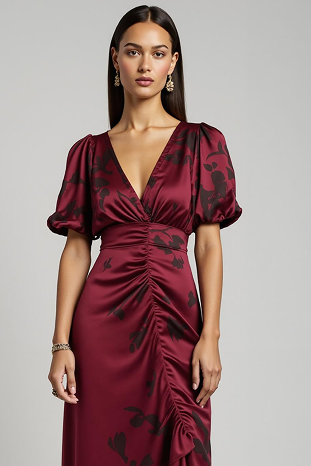 A-Line Burgundy V-Neck Ruched Work Dress