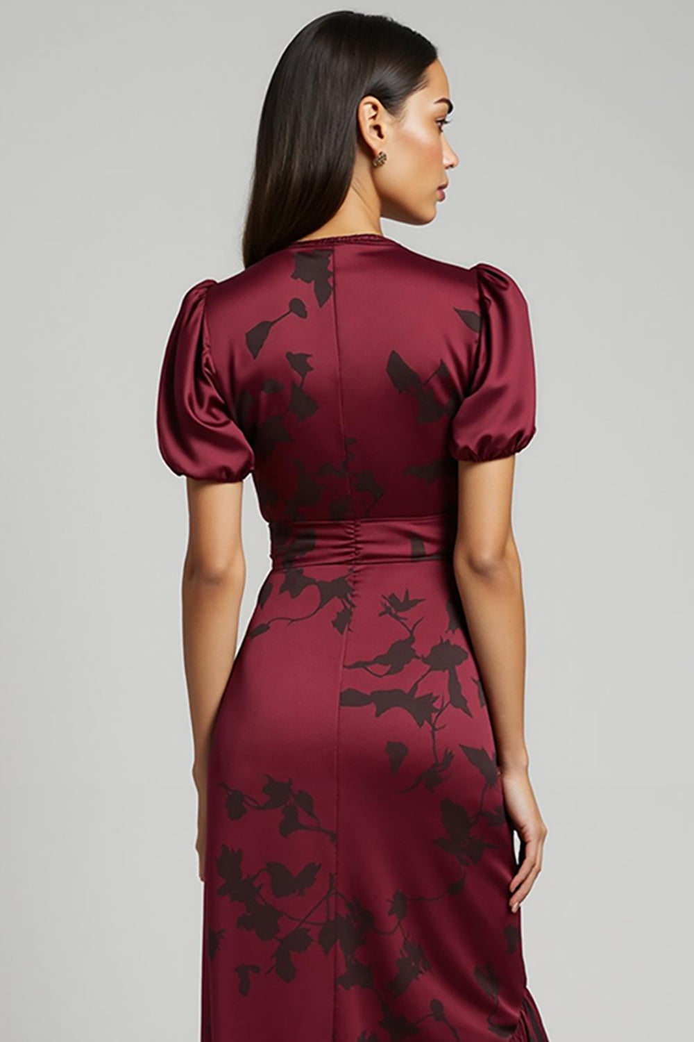 A-Line Burgundy V-Neck Ruched Work Dress