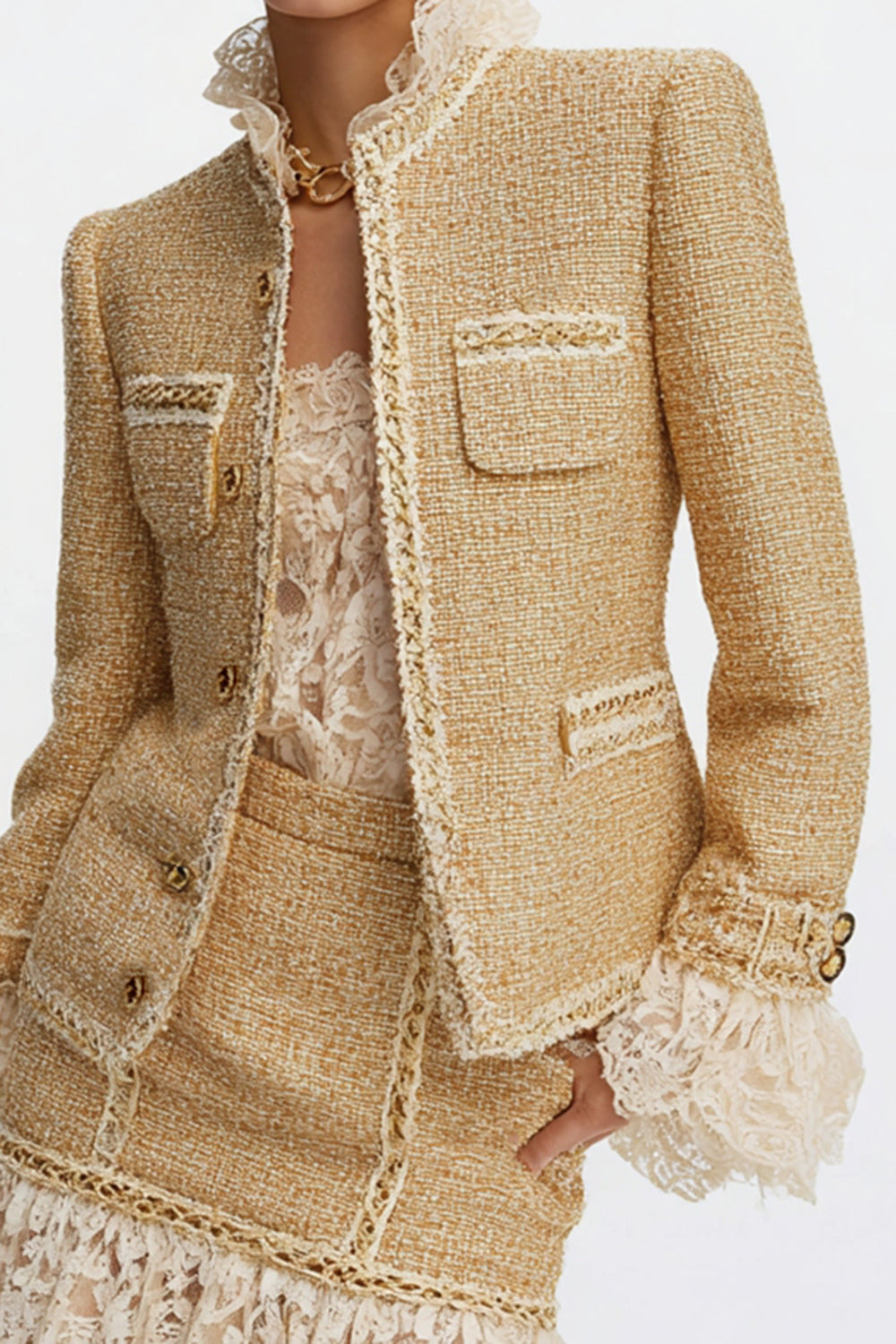 Tweed Bodycon High Neck Short Golden Homecoming Outfits with Lace