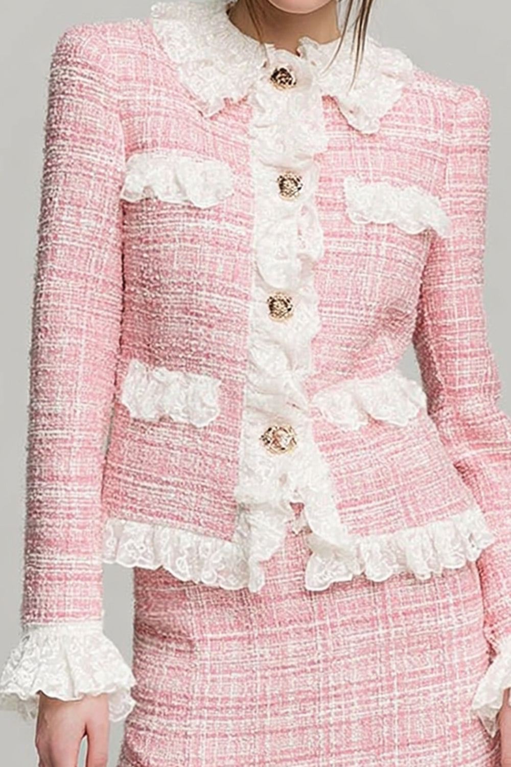 2-Piece Bodycon Peter Pan Collar Short Pink Homecoming Outfits with Lace