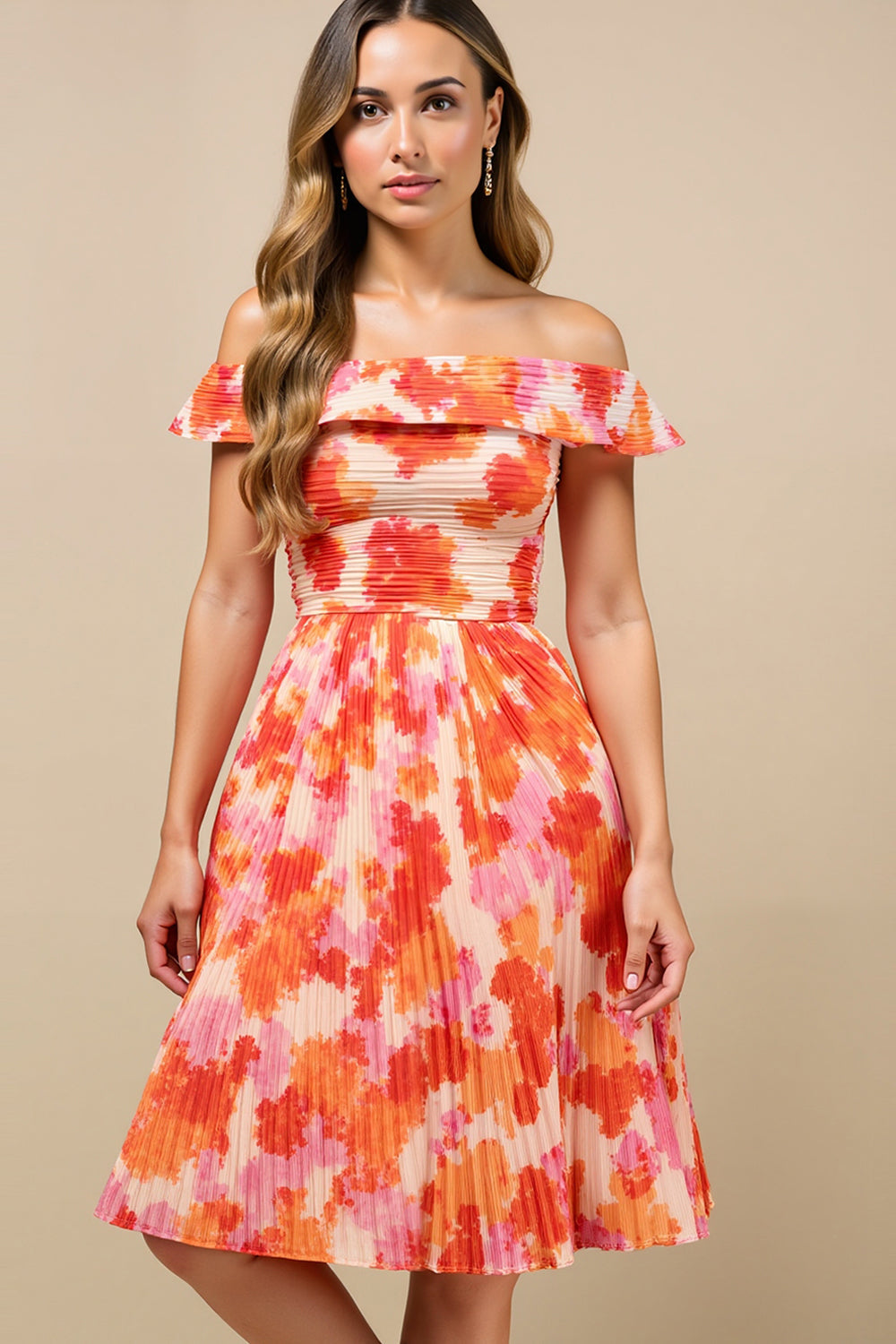 Orange Flower A-Line Ruched Off The Shoulder Wedding Guest Dress