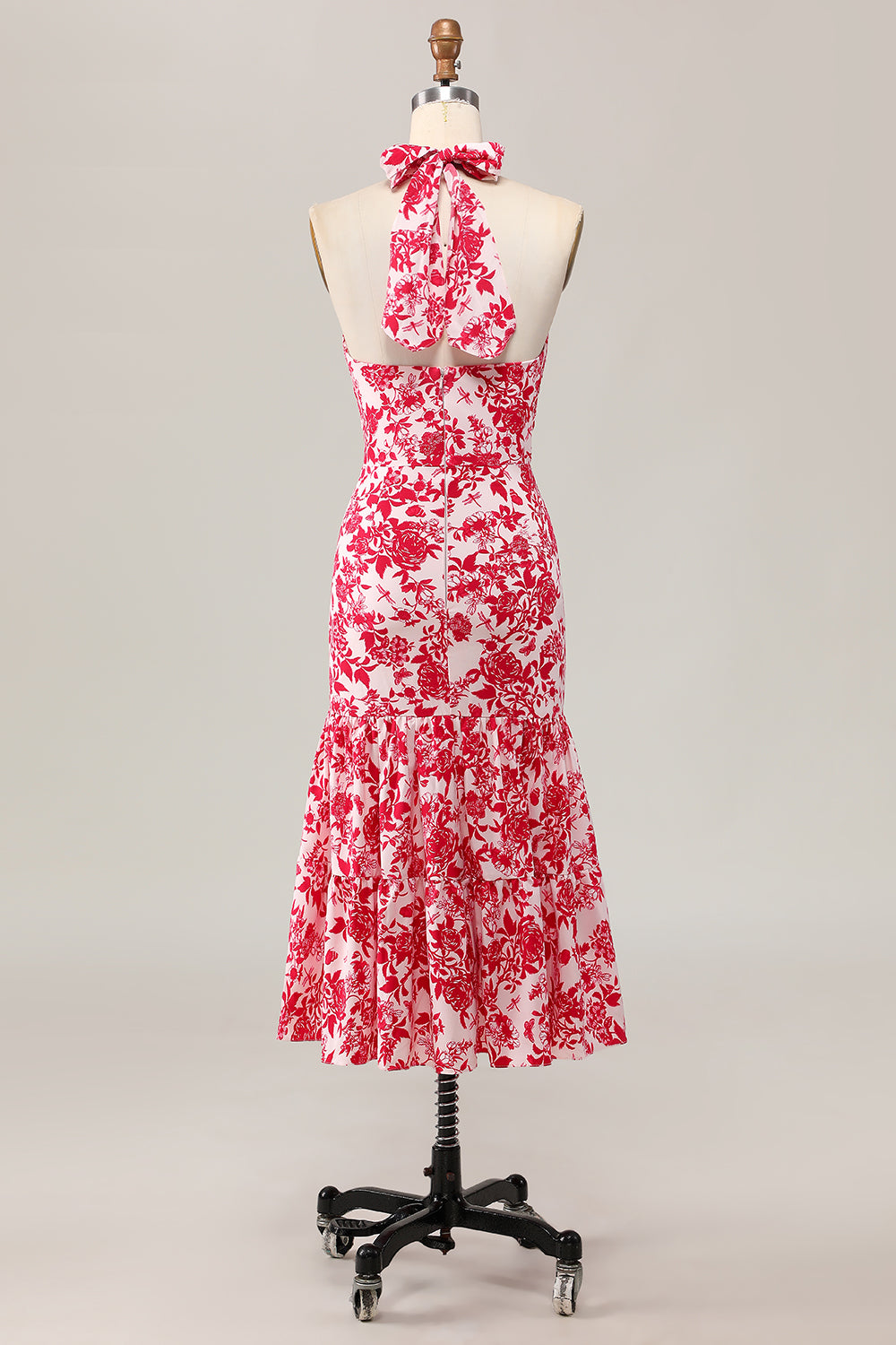 Mermaid Halter Printed Red Flower Midi Wedding Guest Dress