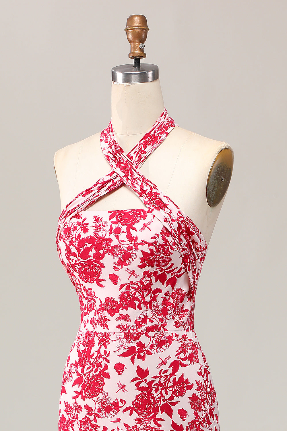 Mermaid Halter Printed Red Flower Midi Wedding Guest Dress