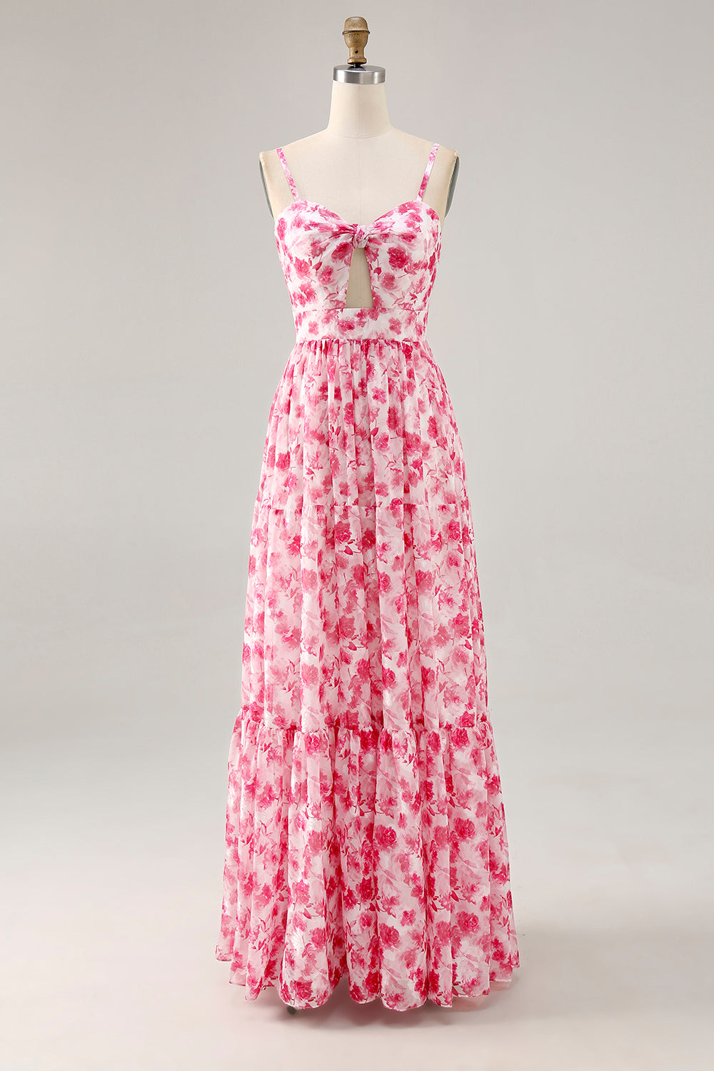 Blue Printed Floral Spaghetti Straps Cut Out Wedding Guest Dress