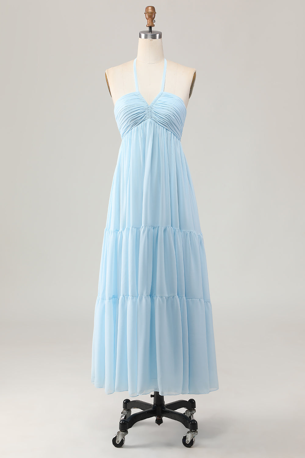 Sky Blue Halter A Line Long Wedding Guest Dress