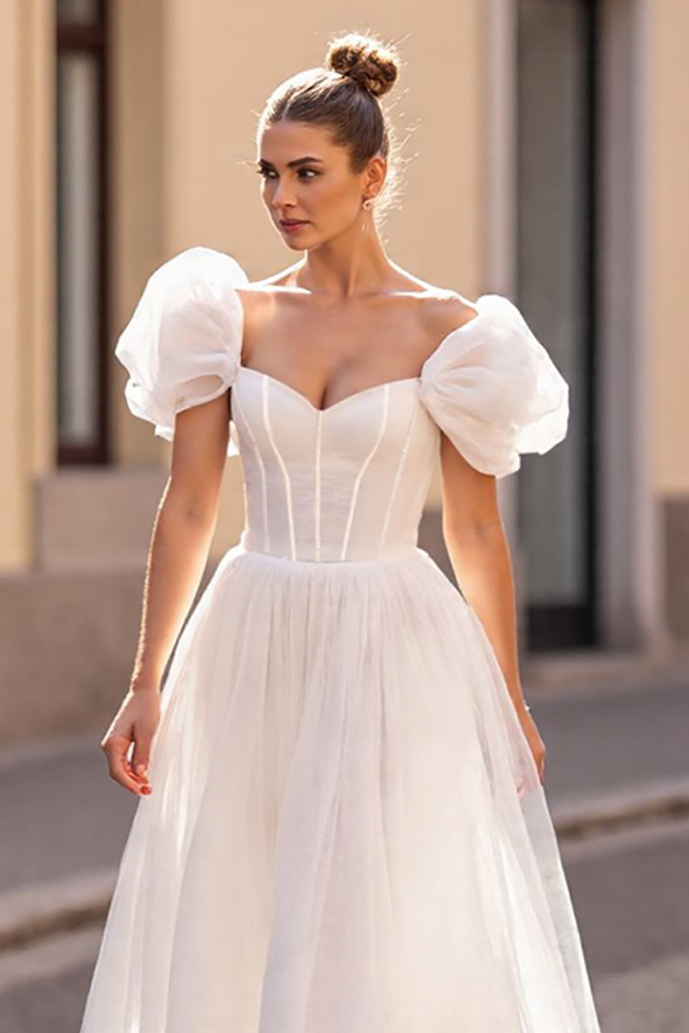 Off The Shoulder Corset Ivory A Line Tulle Wedding Dress